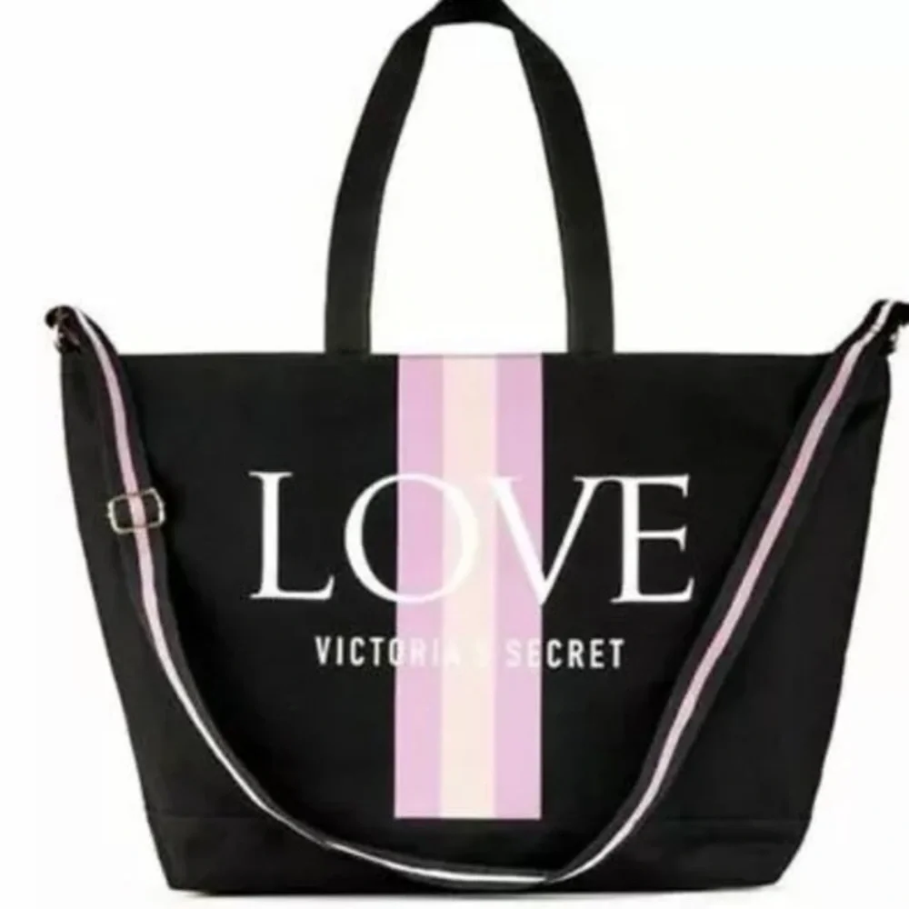Victoria Secret LOVE Stripe Black Pink Beach Weekend Zipper Tote Bag NWT #CL-38